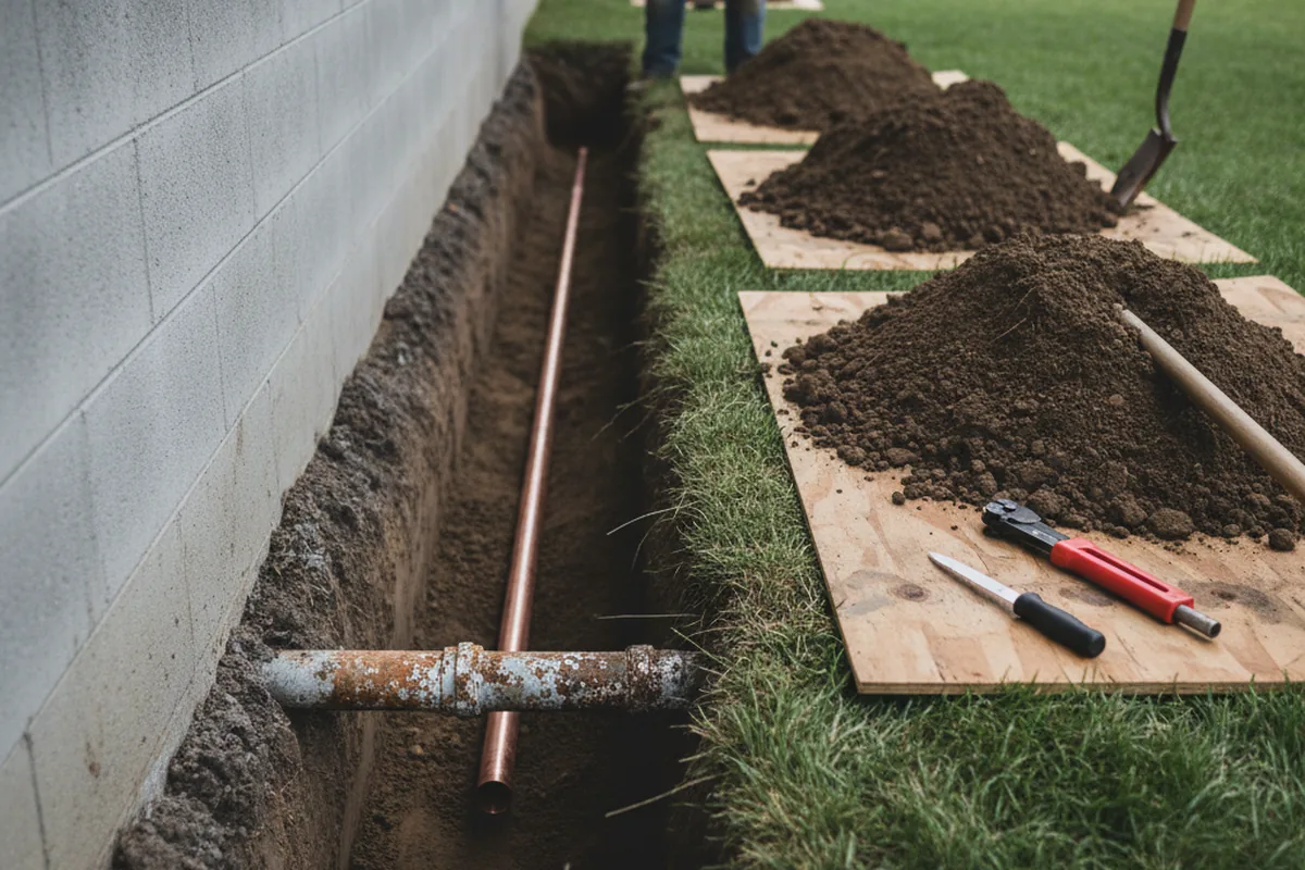 Excavated water line trench during Water Heater Repair in Beason